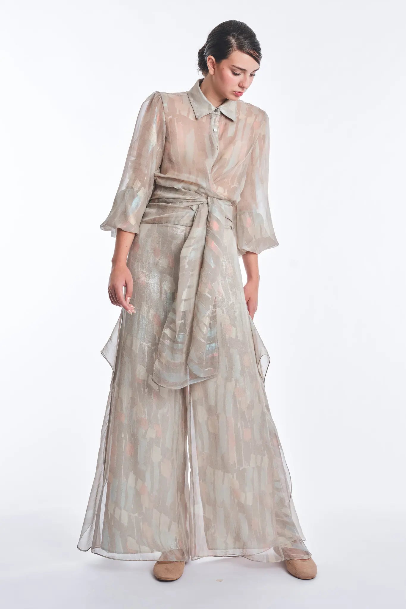 Anabeli Sheer-Panel Print Pant - Sand