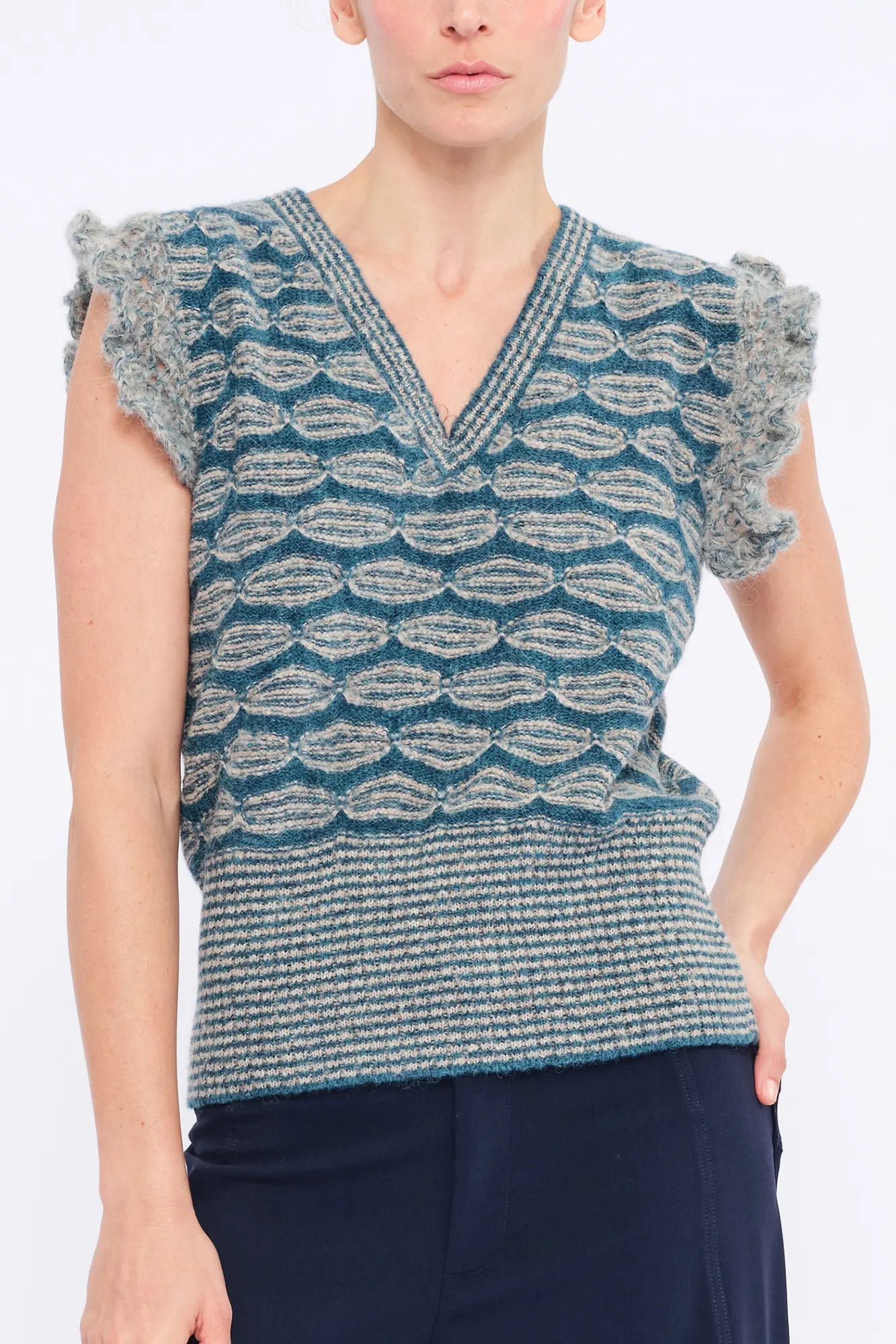 Beca Crochet Sleeve Alpaca Vest | Dark Green Melange