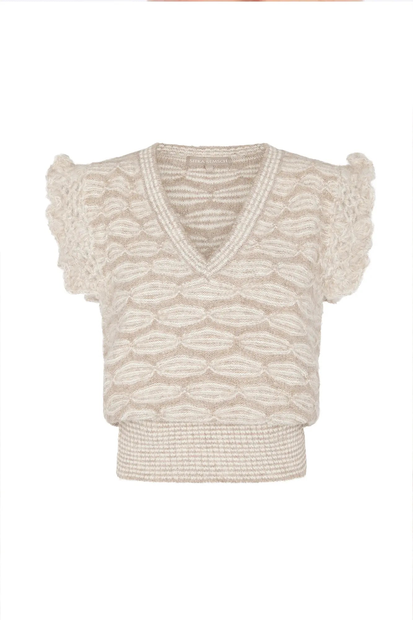 Front view of the Beca Vest in Beige Melange, showcasing the V-neckline and crochet ruffle sleeves.