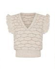 Front view of the Beca Vest in Beige Melange, showcasing the V-neckline and crochet ruffle sleeves.