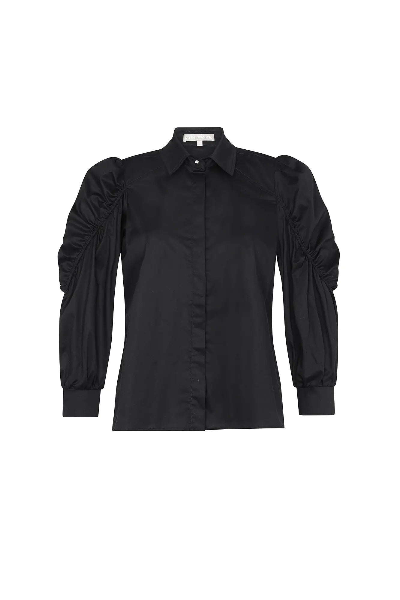 Front view of the Bimba Blouse in essential black, showcasing its powerful, elegant silhouette.
