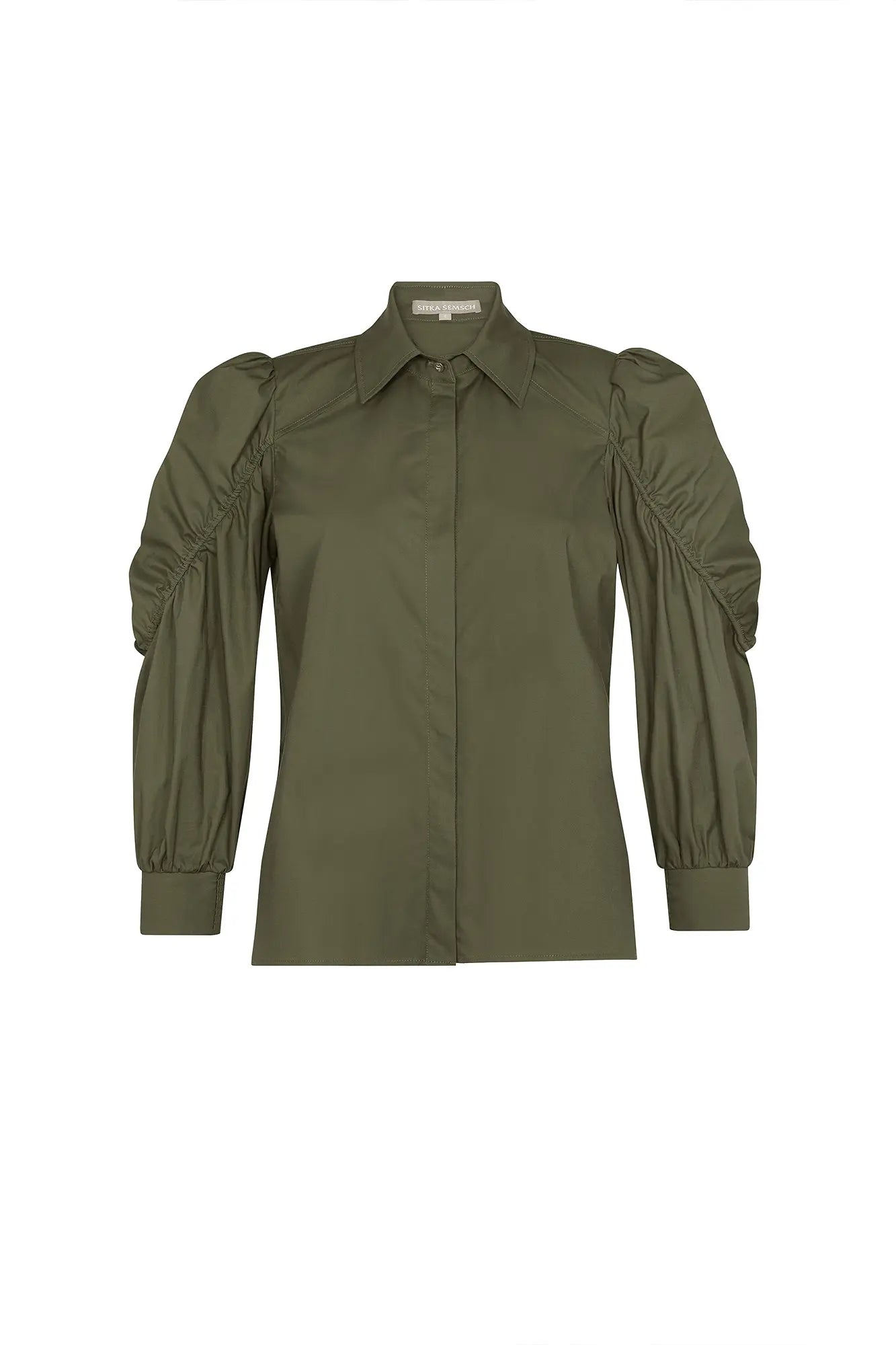 Front view of the Bimba Blouse in Olive, showcasing its classic shirt collar and relaxed silhouette.