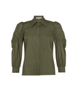 Front view of the Bimba Blouse in Olive, showcasing its classic shirt collar and relaxed silhouette.