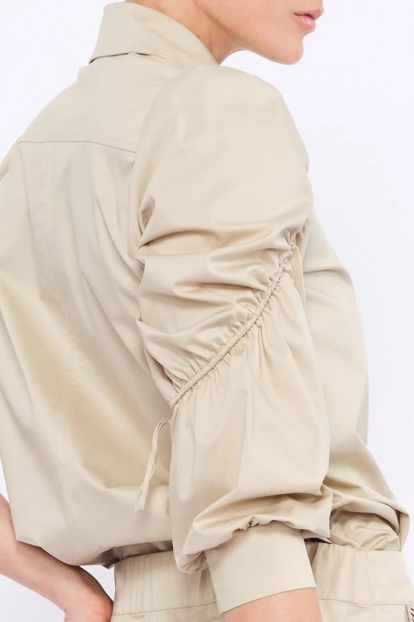 Detail shot of the voluminous puff sleeve construction on the Pristine Bimba Blouse.