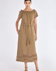 Cameron Dress in Taupe – Relaxed-fit linen blend midi dress with keyhole neckline and embroidered hem by AMEDBAM.