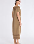 Cameron Dress in Taupe – Relaxed-fit linen blend midi dress with keyhole neckline and embroidered hem by AMEDBAM.