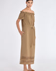 Cameron Dress in Taupe – Relaxed-fit linen blend midi dress with keyhole neckline and embroidered hem by AMEDBAM.