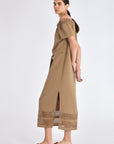 Cameron Dress in Taupe – Relaxed-fit linen blend midi dress with keyhole neckline and embroidered hem by AMEDBAM.