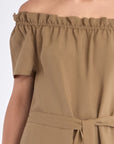 Cameron Dress in Taupe – Relaxed-fit linen blend midi dress with keyhole neckline and embroidered hem by AMEDBAM.