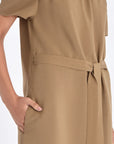 Cameron Dress in Taupe – Relaxed-fit linen blend midi dress with keyhole neckline and embroidered hem by AMEDBAM.