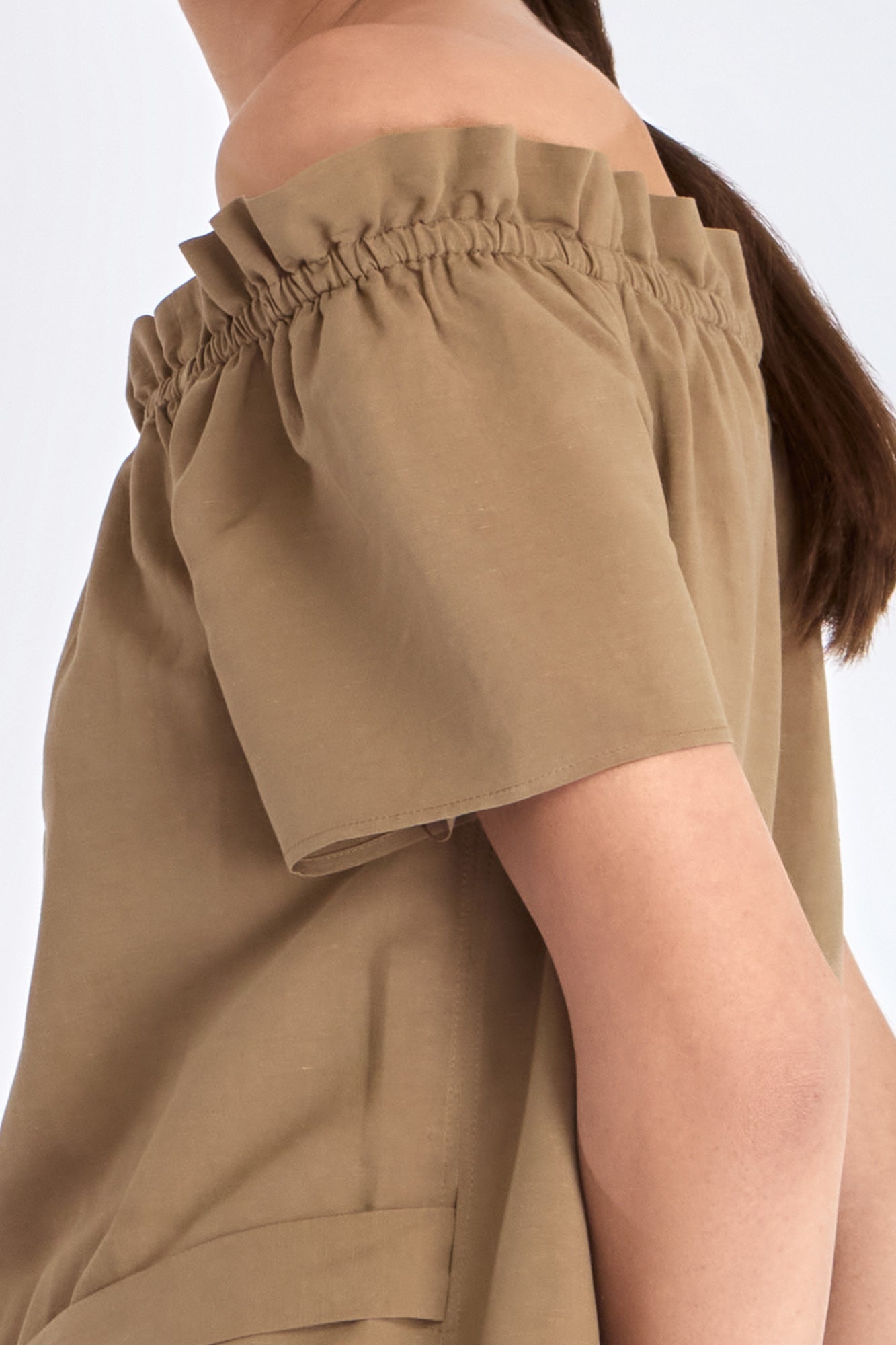 Cameron Dress in Taupe – Relaxed-fit linen blend midi dress with keyhole neckline and embroidered hem by AMEDBAM.