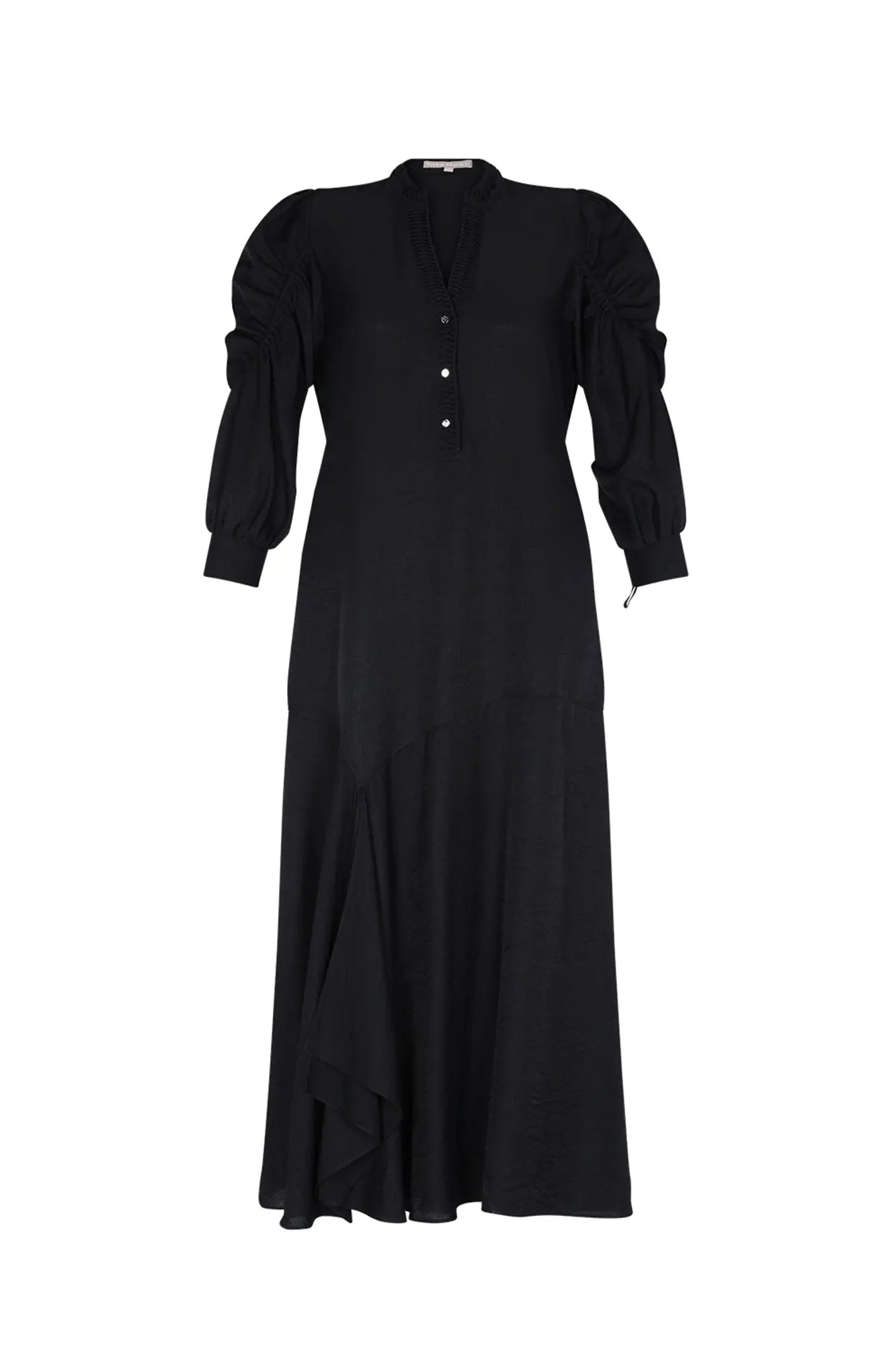 Front view of the Carlie Dress in essential black, showcasing its powerful, elegant silhouette.