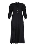 Front view of the Carlie Dress in essential black, showcasing its powerful, elegant silhouette.