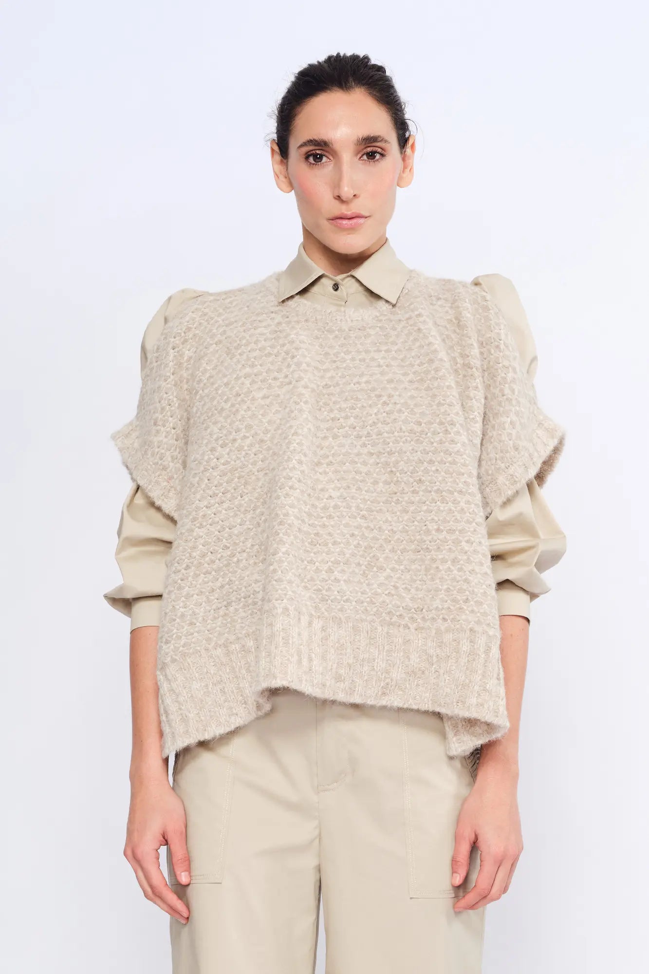 Chelsea Openwork Alpaca Poncho | Beige Melange