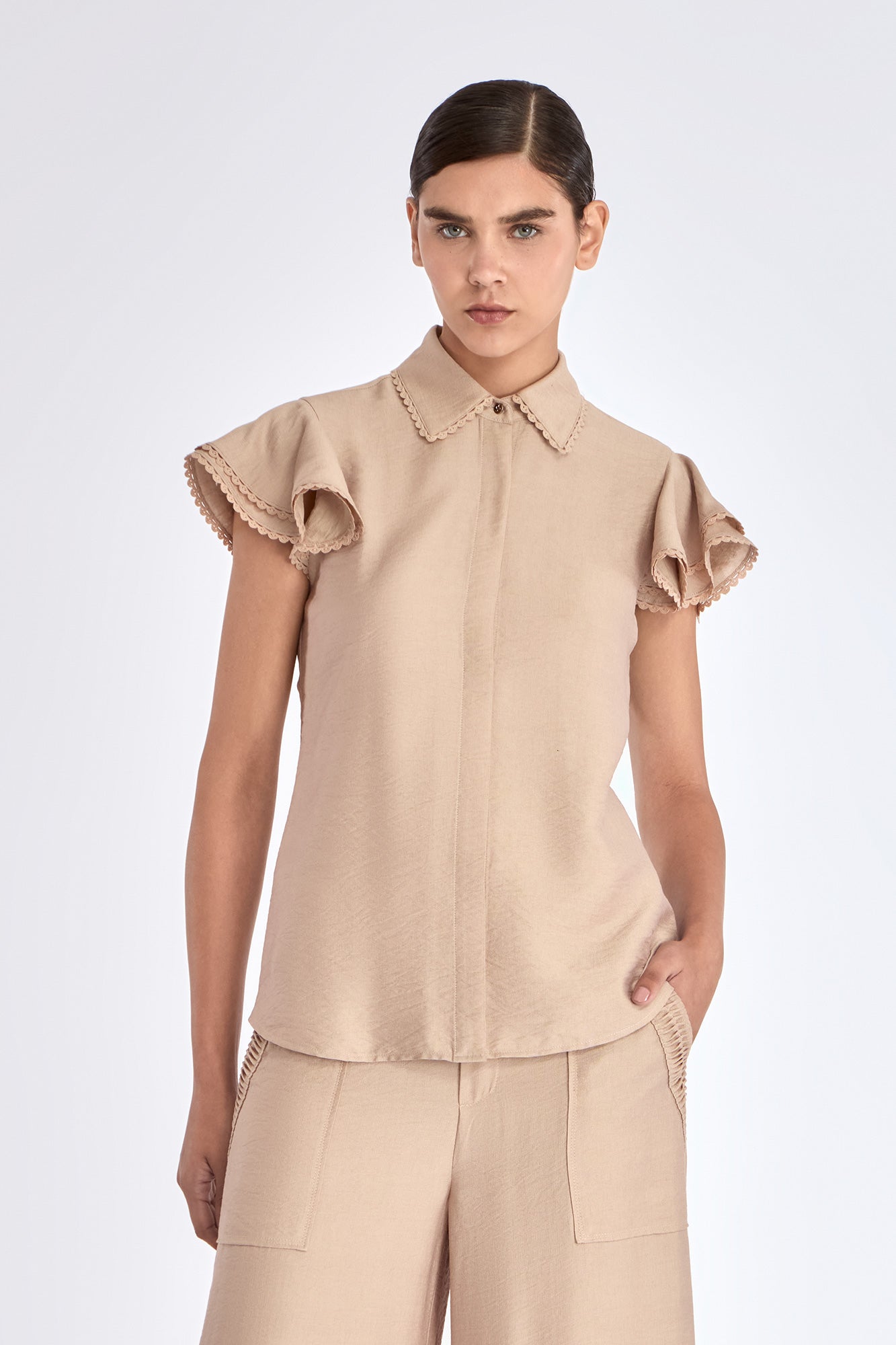 Clark Ruffle Sleeve Blouse in Nude | Sitka Semsch