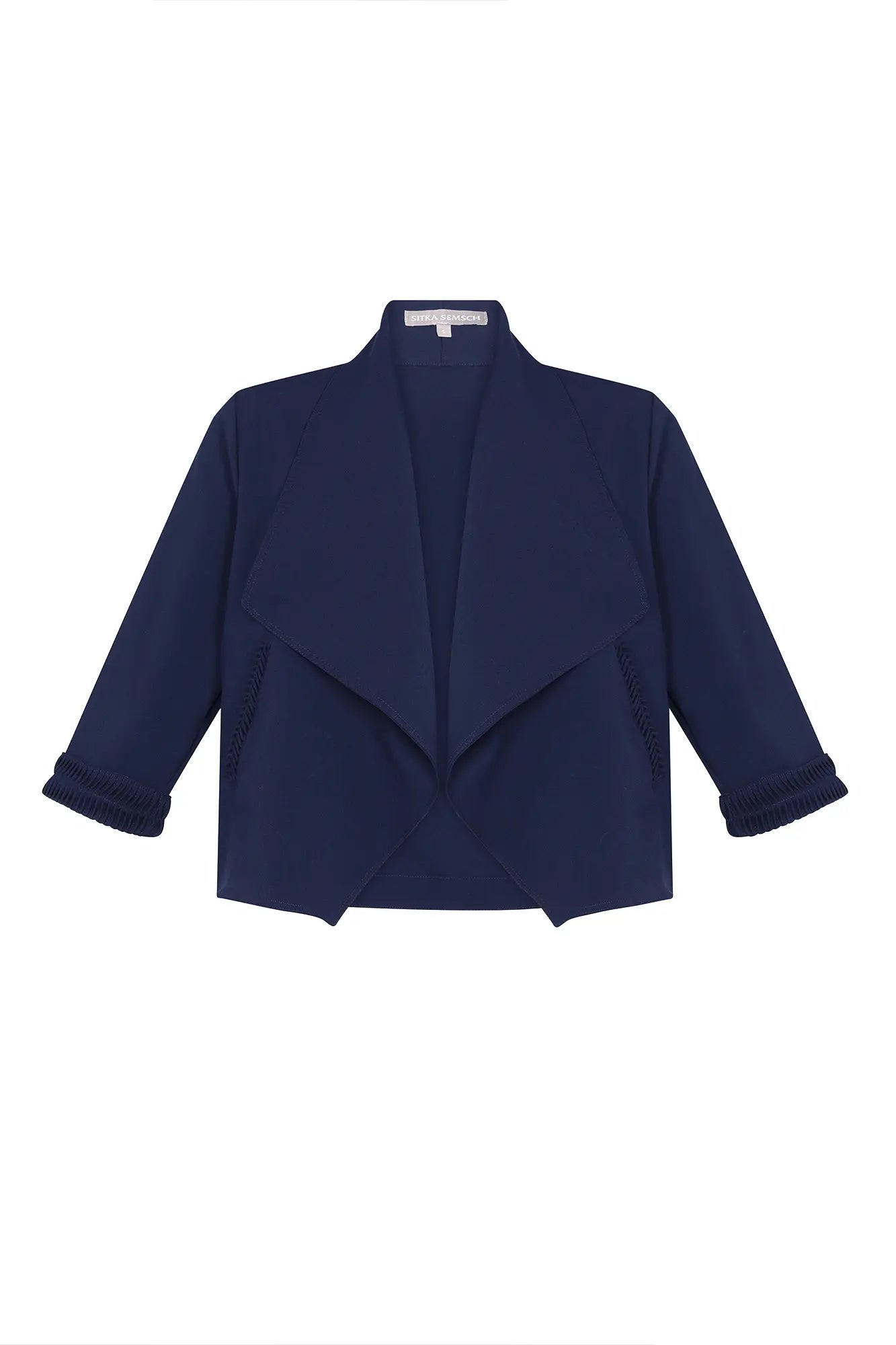 Front view of the Daysi Jacket in Navy, showcasing its elegant draped lapel and open-front design.
