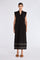 Front view of the Denver Dress in black, showcasing its Nehru collar and artisan-embroidered hem.