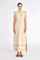 Denver Dress in Ecru – Sleeveless linen midi dress with embroidered hem by AMEDBAM, metal buttons, and fabric belt.