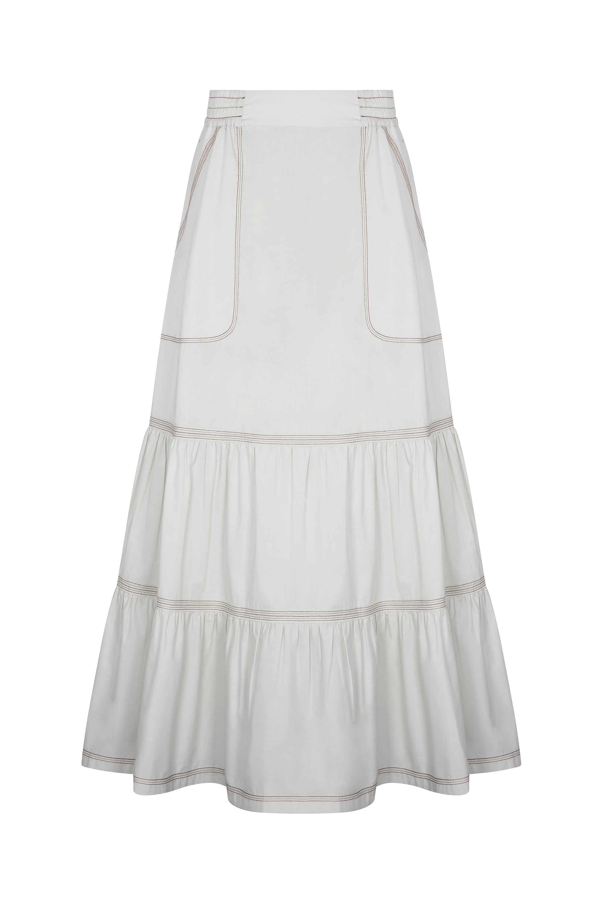 Eden Skirt in Silver – Cotton midi skirt with ruffled hem, patch pockets, and elasticized waistband at the back.