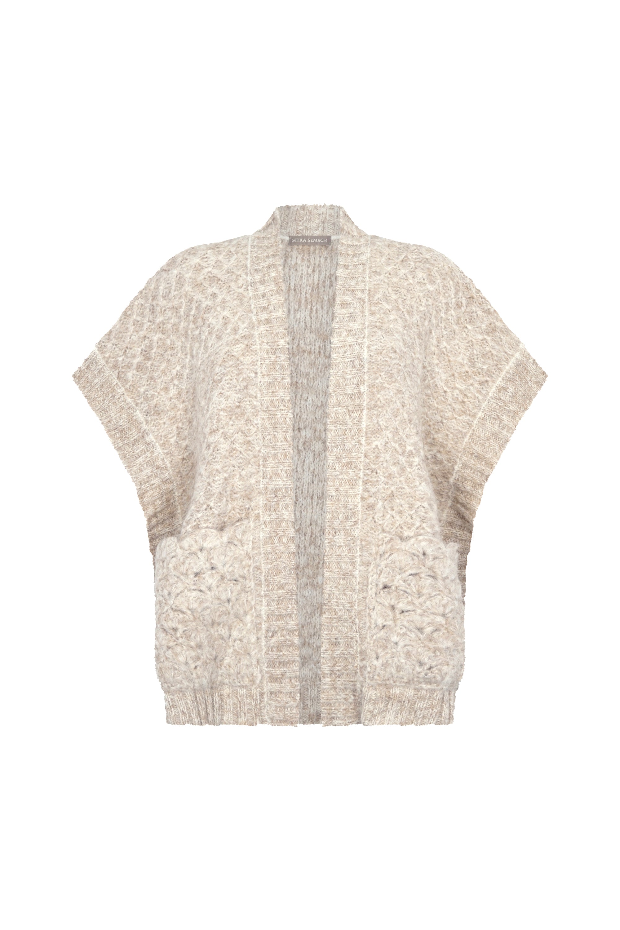 Elaine Poncho in Beige Melange with front patch pockets and dropped sleeves