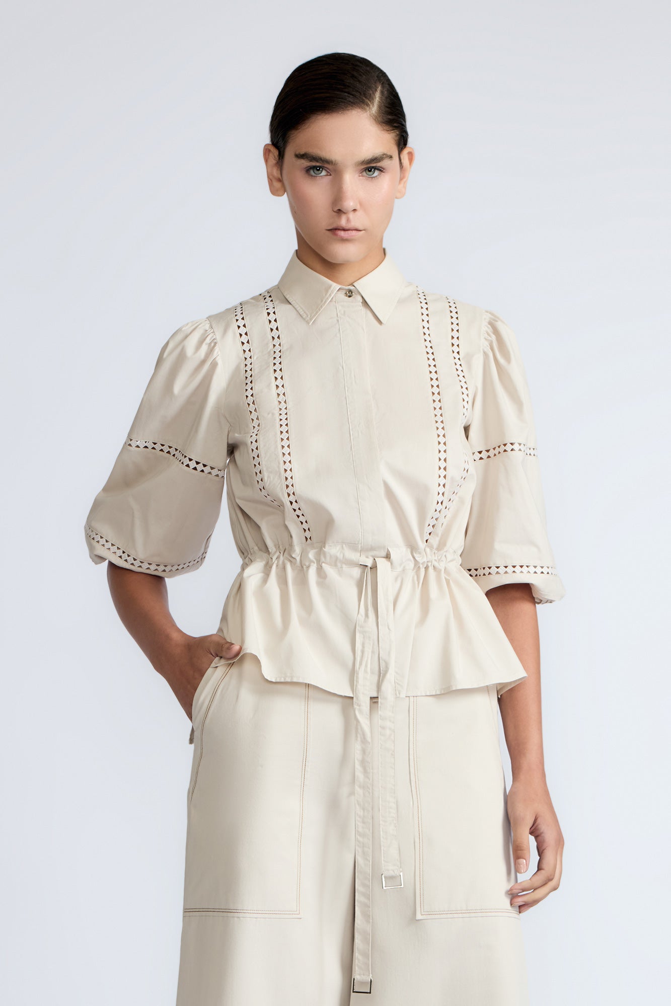 Evangeline Blouse in Prestine – 100% cotton blouse with internal belt, decorative trim, shirt collar, and ¾ sleeves with elastic cuffs.