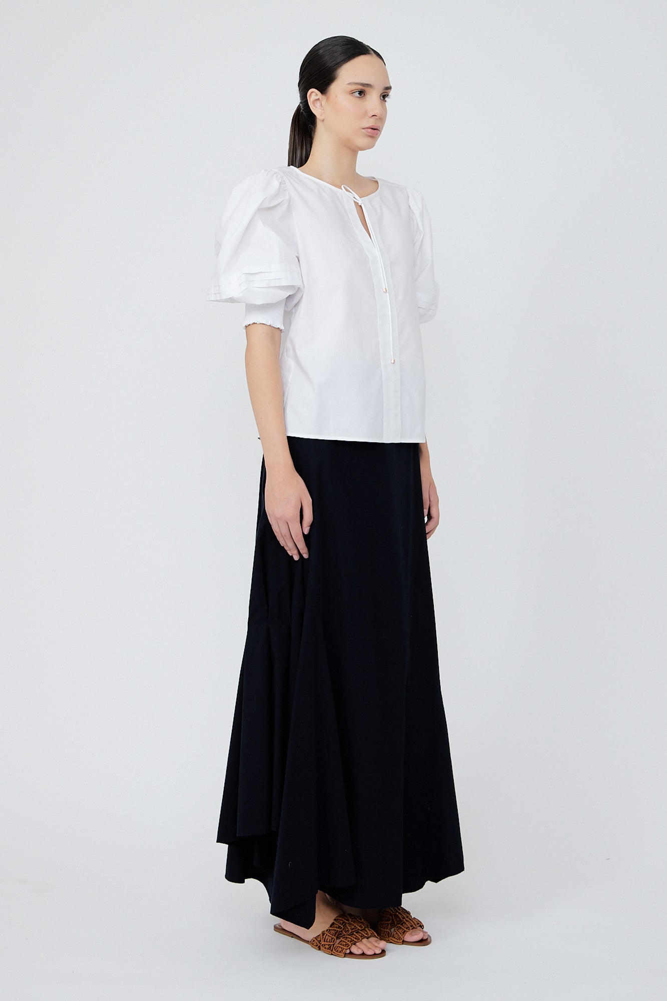 Giorgia Blouse in White - Bold and Girly Pima Cotton Blouse with Elasticized Sleeves and V-cut Neck