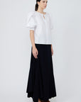 Giorgia Blouse in White - Bold and Girly Pima Cotton Blouse with Elasticized Sleeves and V-cut Neck