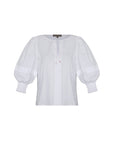 Giorgia Blouse in White - Bold and Girly Pima Cotton Blouse with Elasticized Sleeves and V-cut Neck