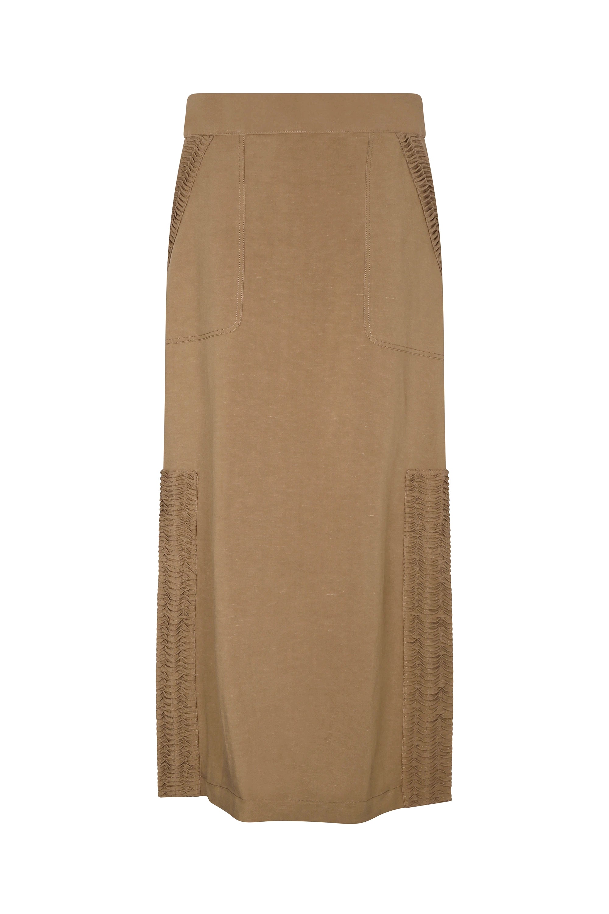 Front view of the straight-cut Indigo Midi Skirt in a sophisticated taupe.