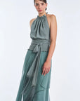 Izenia Silk Halter Top with Beaded Detail | Dark Green