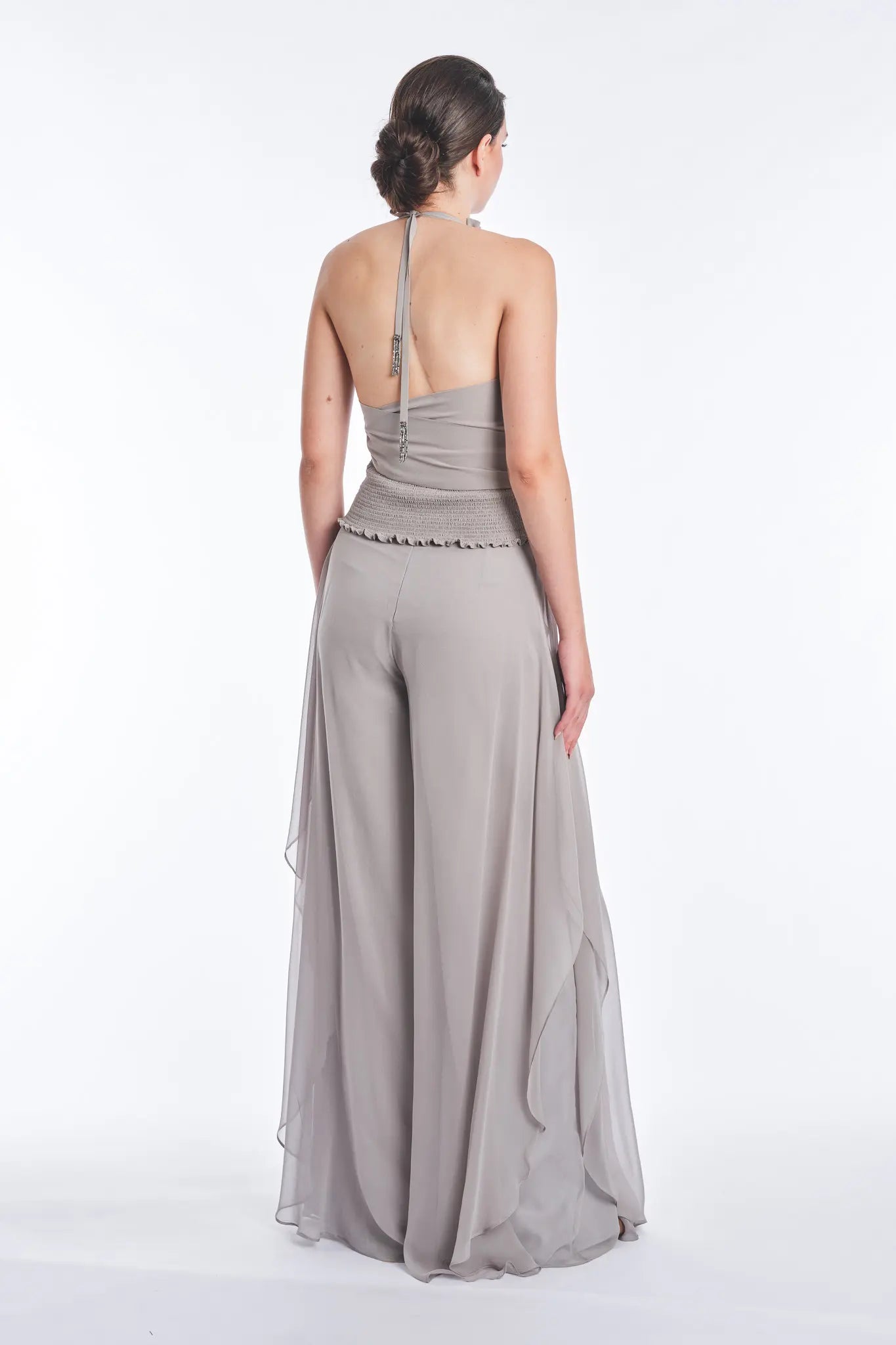Izenia Silk Halter Top with Beaded Detail | Silver