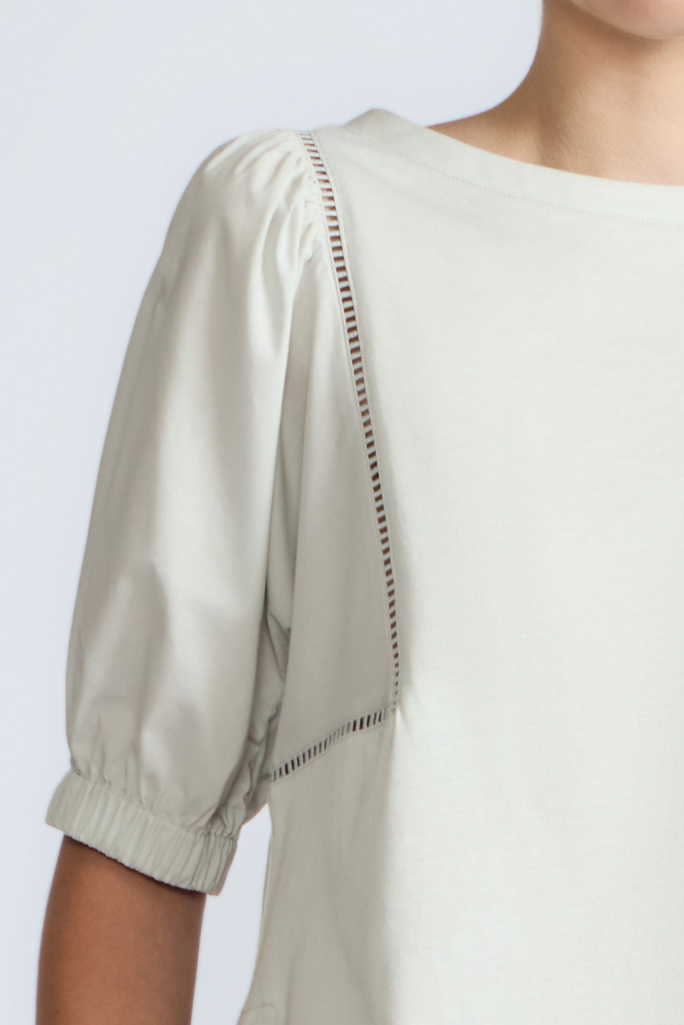 Jamie Top in Silver – 100% cotton blouse with mixed textures, round neckline, and ¾ sleeves with elasticated cuffs.