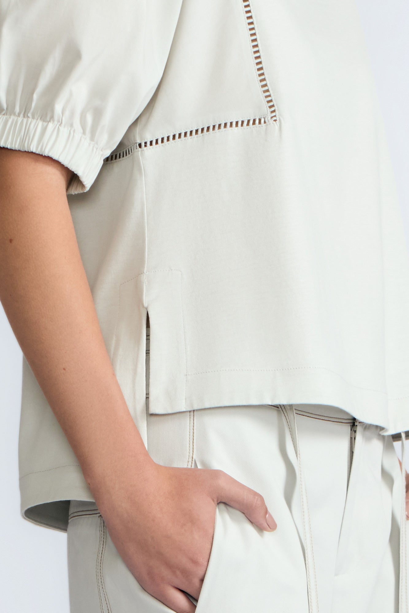 Jamie Top in Silver – 100% cotton blouse with mixed textures, round neckline, and ¾ sleeves with elasticated cuffs.