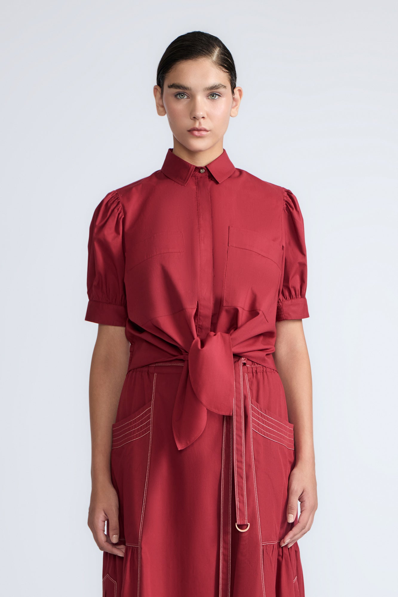 Josie Blouse in Wine – 100% cotton blouse with tonal lace, relaxed fit, and feminine detailing for elevated everyday wear.