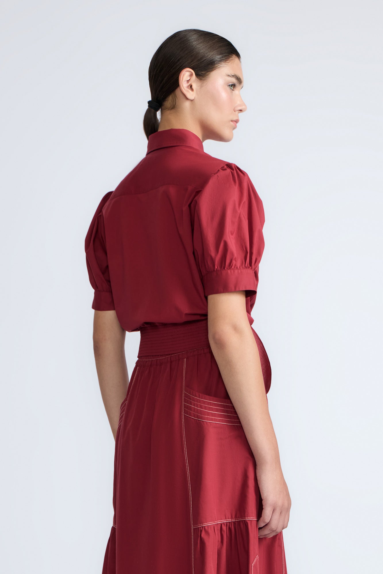 Josie Blouse in Wine – 100% cotton blouse with tonal lace, relaxed fit, and feminine detailing for elevated everyday wear.