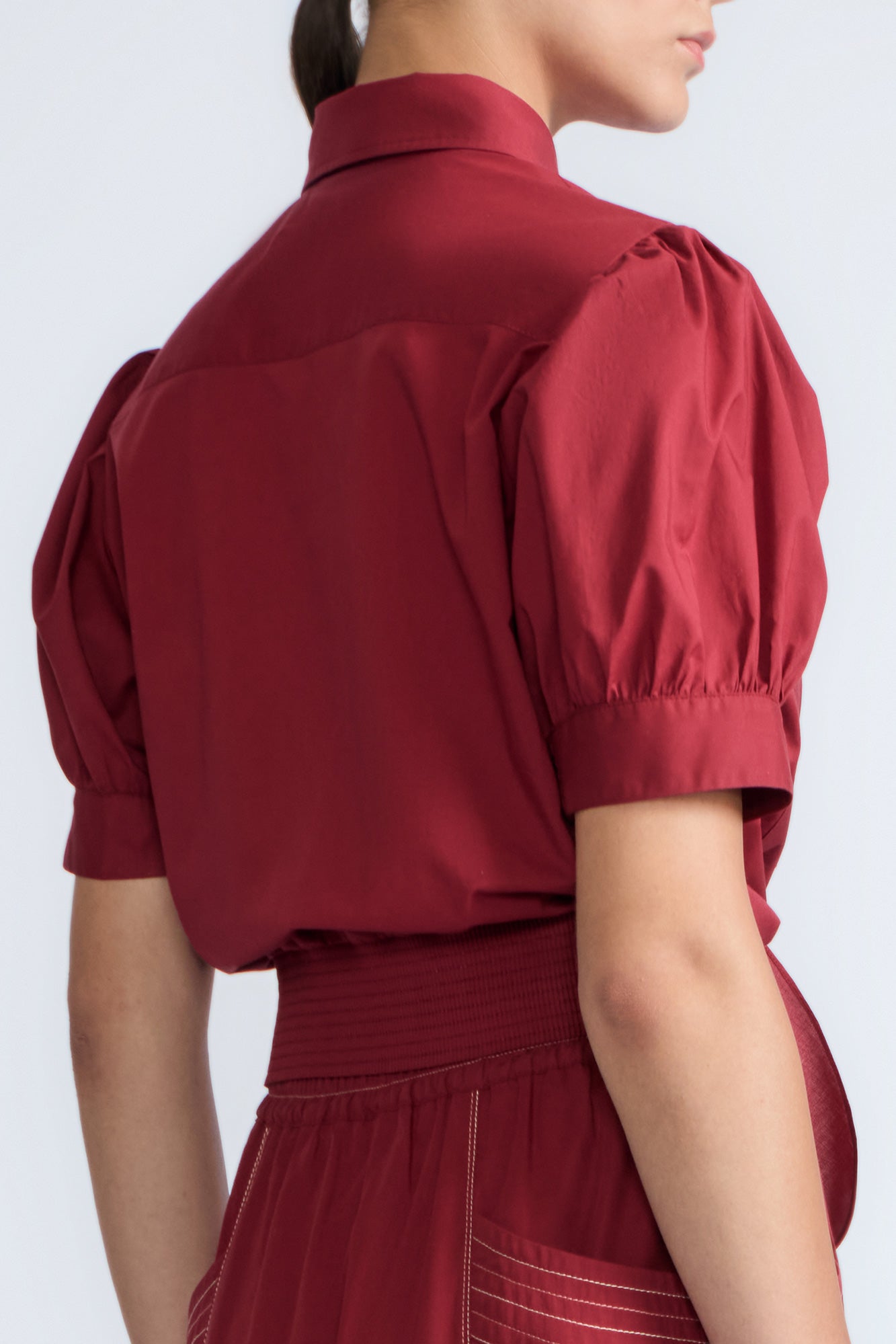 Josie Blouse in Wine – 100% cotton blouse with tonal lace, relaxed fit, and feminine detailing for elevated everyday wear.