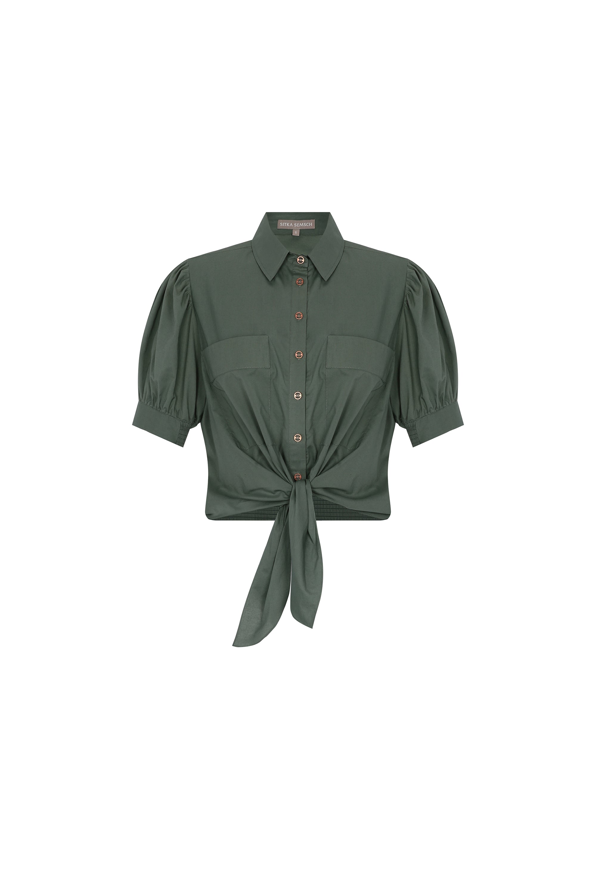 Josie Blouse in Military Green - Stylish Bubble Sleeve Cotton Blouse with Copper Buttons
