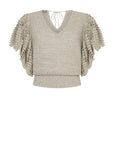 Knitted Alejandra Vest in Beige Melange with crochet ruffles and V-neck