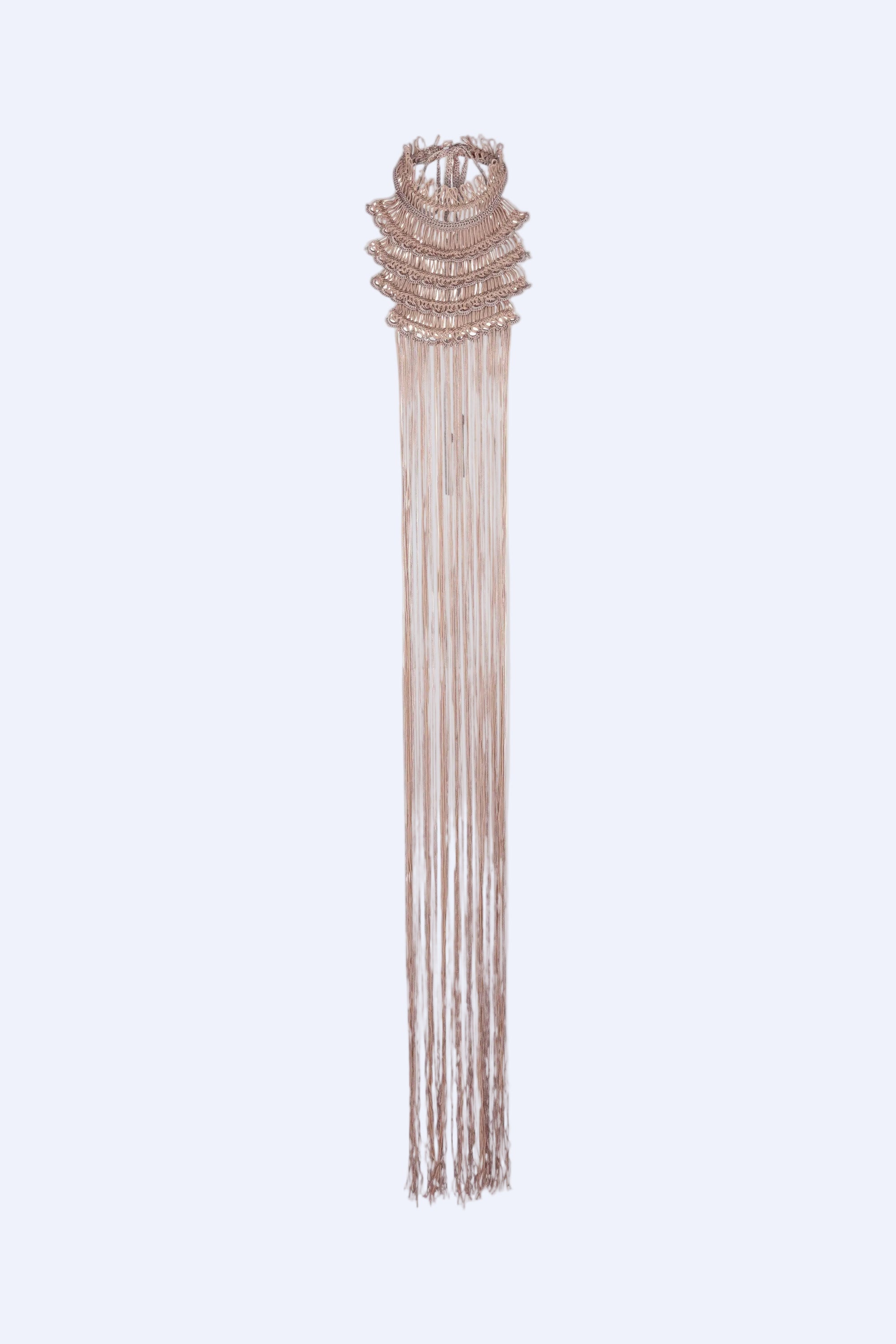 The Lara Artisan Macrame Peto in Blush, showcasing the full length and intricate knotwork.