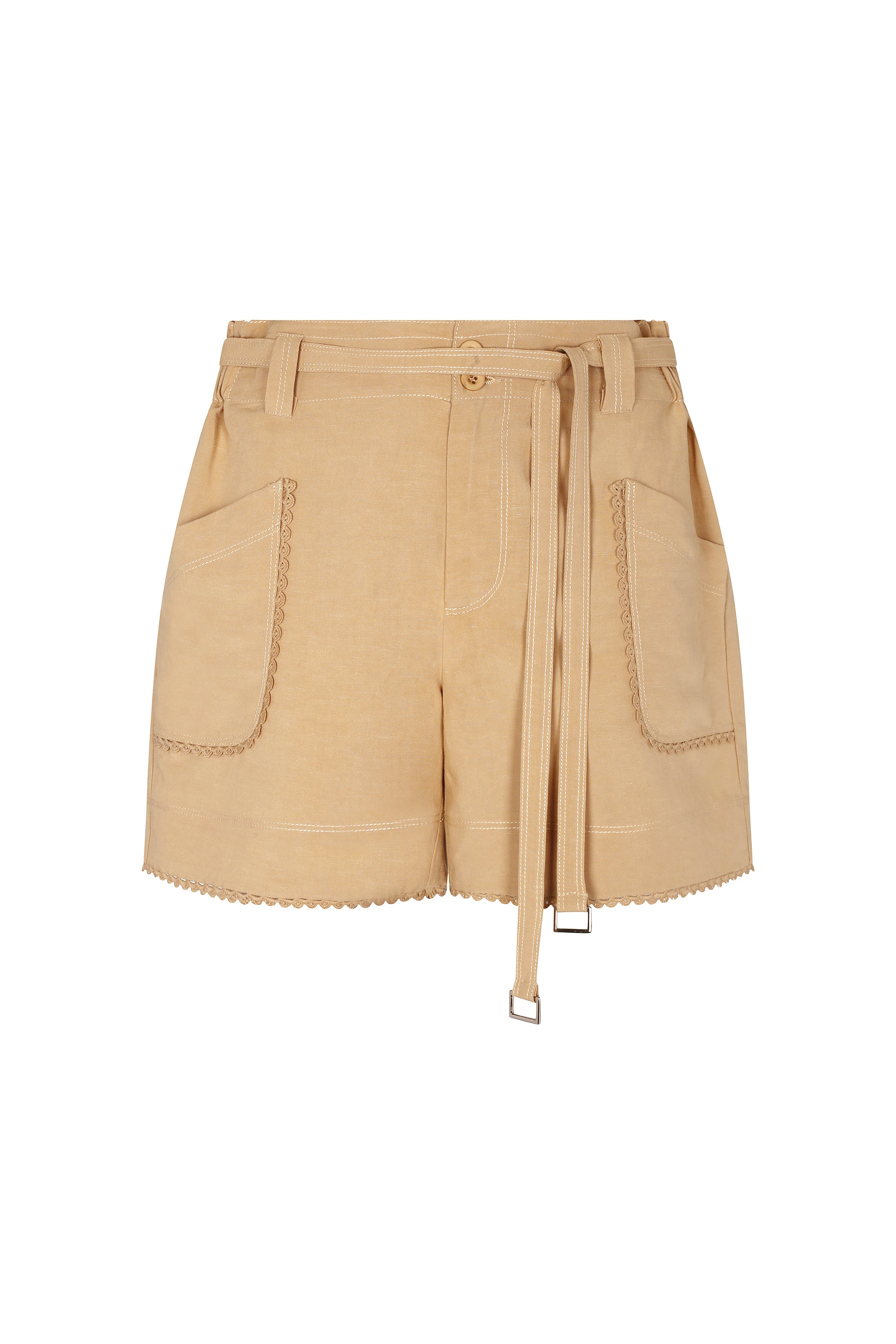 Lira Short in Camel – Linen mid-rise shorts with patch pockets, belt with metal tips, and tone-on-tone trims.