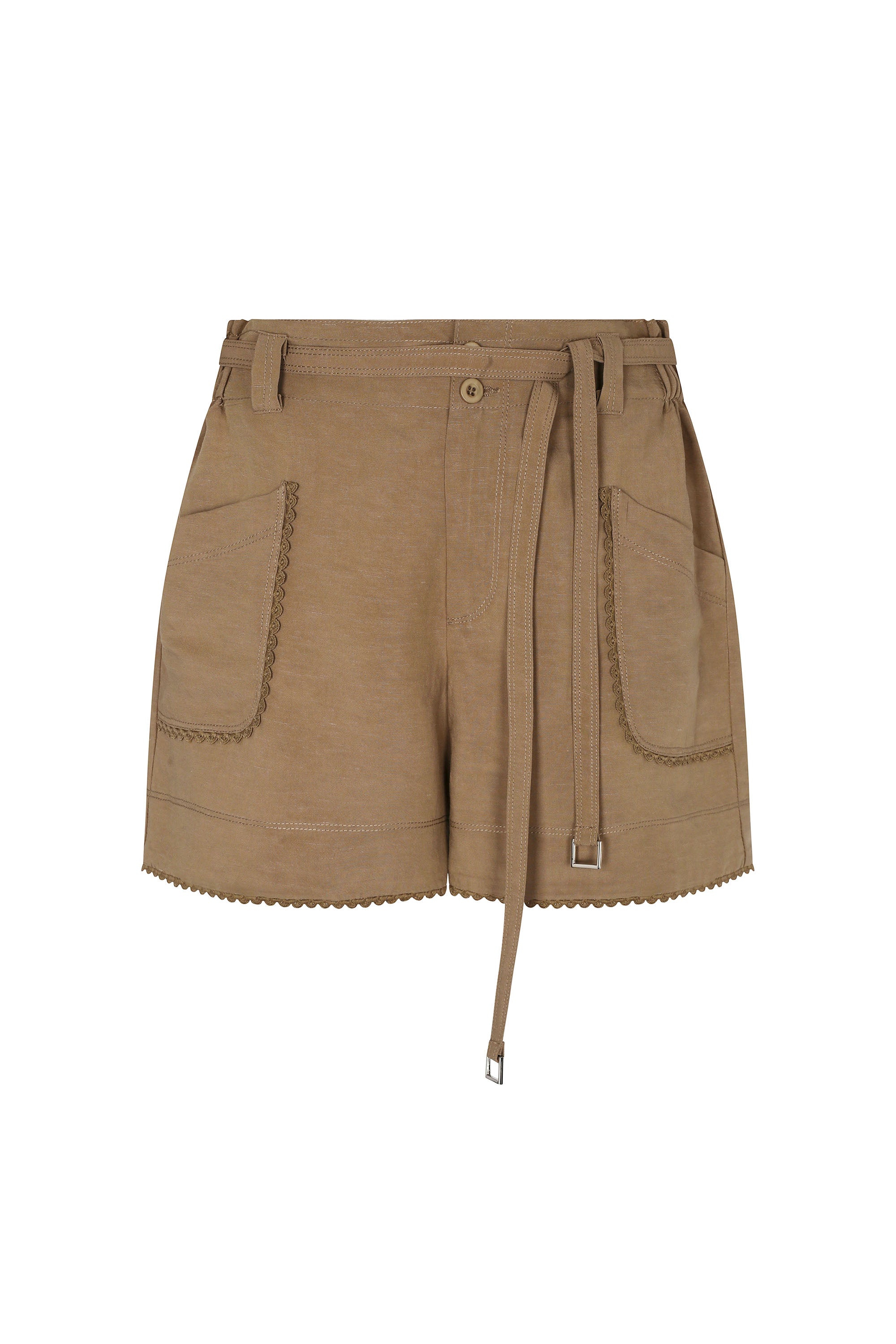 Lira Short in Taupe – Chic mid-rise linen shorts with elasticated waistband, metal-tipped belt, and patch pocket detailing.