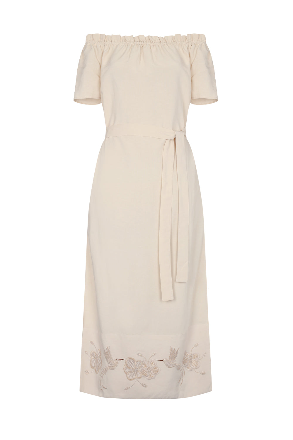 Logan Dress in Ecru – Hand-Embroidered Midi Dress with Bateau Neckline