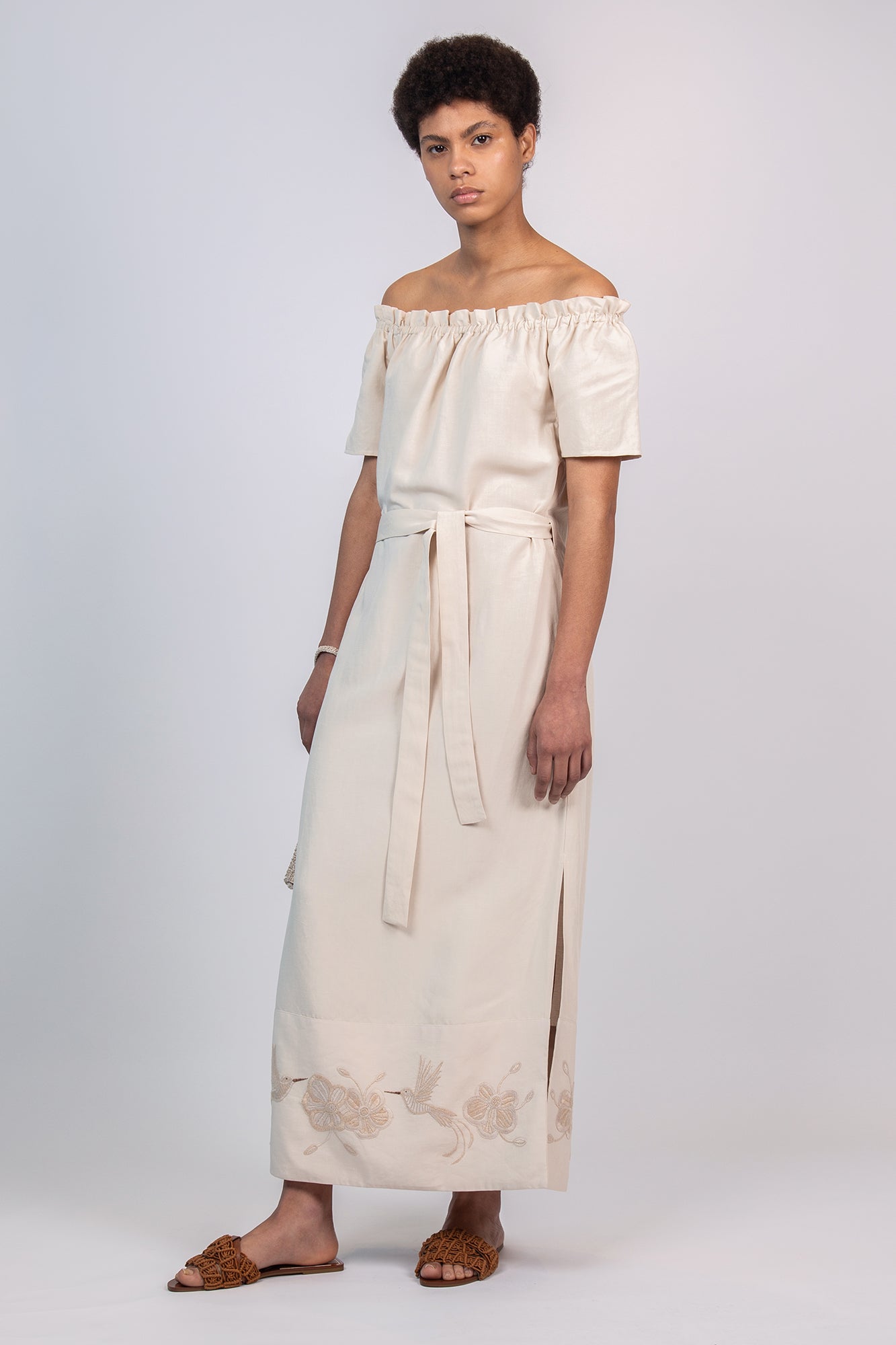 Logan Dress in Ecru – Hand-Embroidered Midi Dress with Bateau Neckline