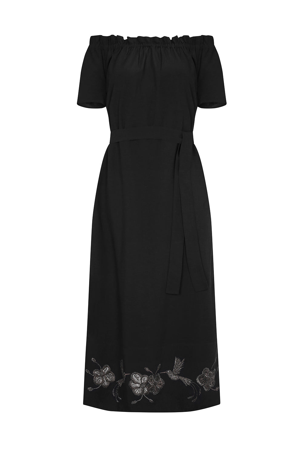 Logan Dress in Black – Hand-Embroidered Midi Dress with Bateau Neckline