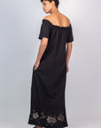 Logan Dress in Black – Hand-Embroidered Midi Dress with Bateau Neckline