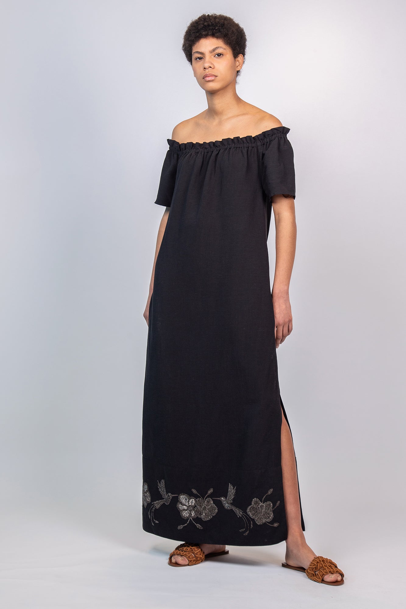 Logan Dress in Black – Hand-Embroidered Midi Dress with Bateau Neckline