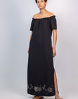 Logan Dress in Black – Hand-Embroidered Midi Dress with Bateau Neckline