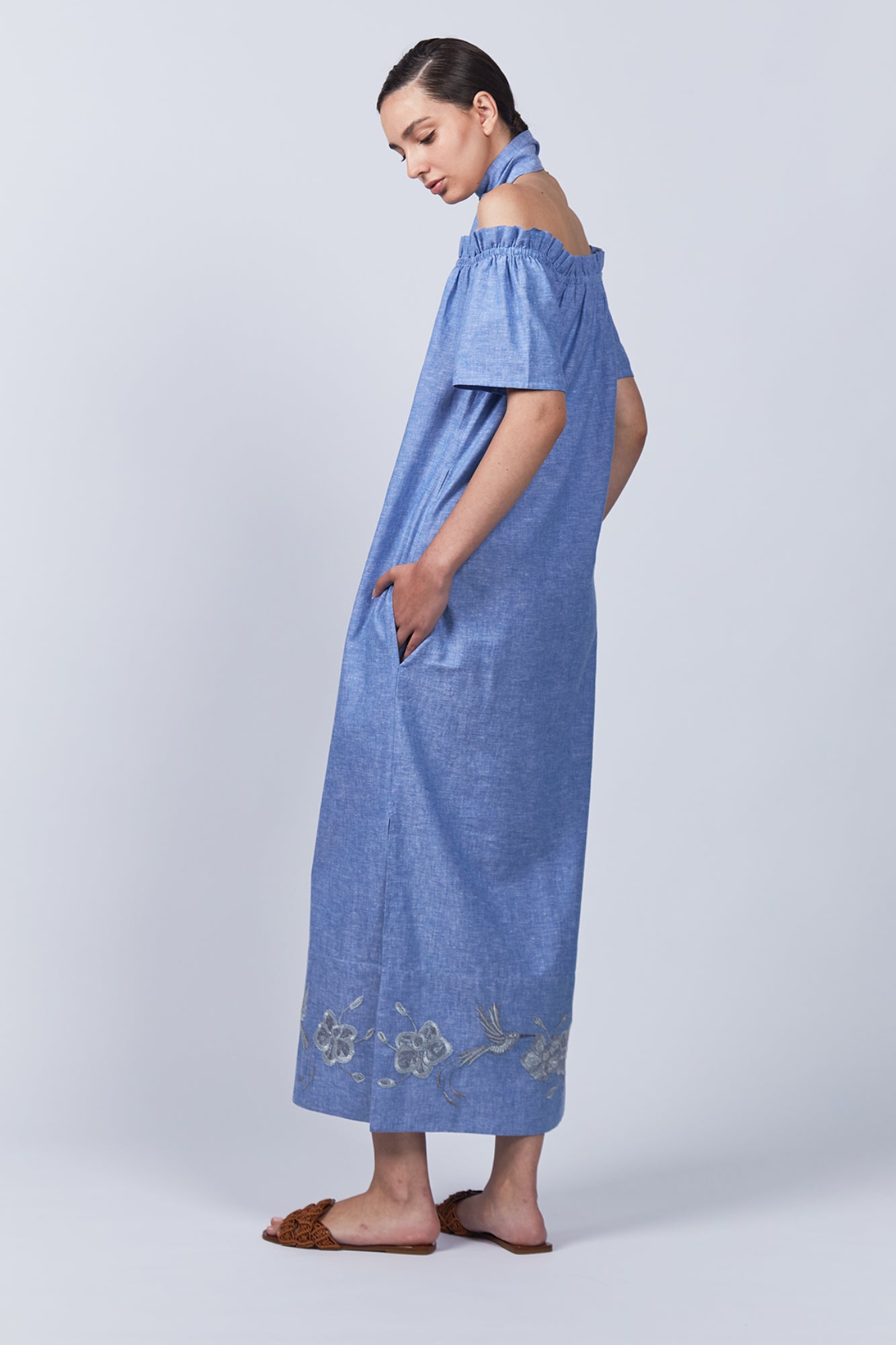 Logan Dress – Hand-Embroidered Midi Dress with Bateau Neckline