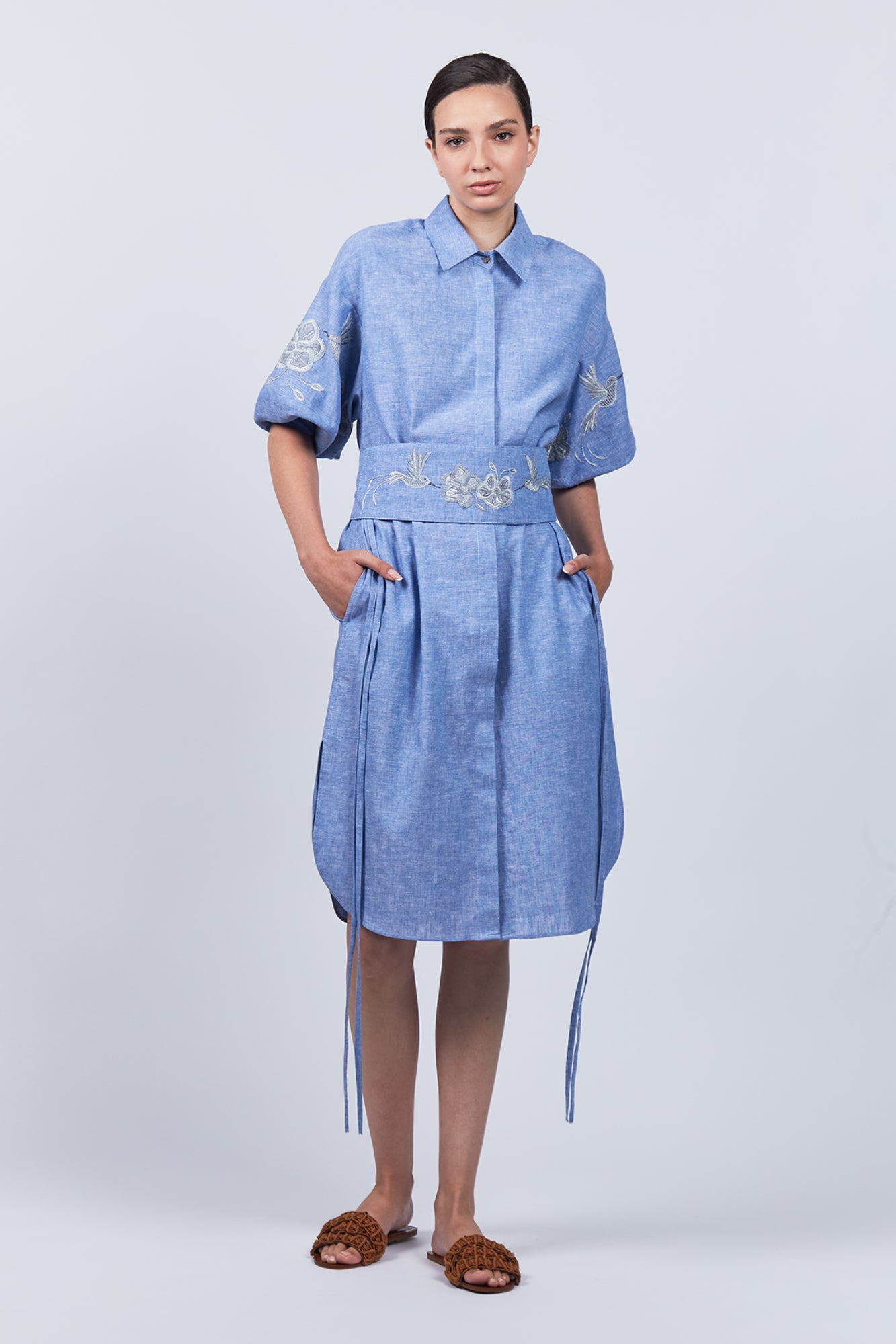 Winnie Blouse – Linen Shirt Dress with Hand Embroidery and Hidden Pockets