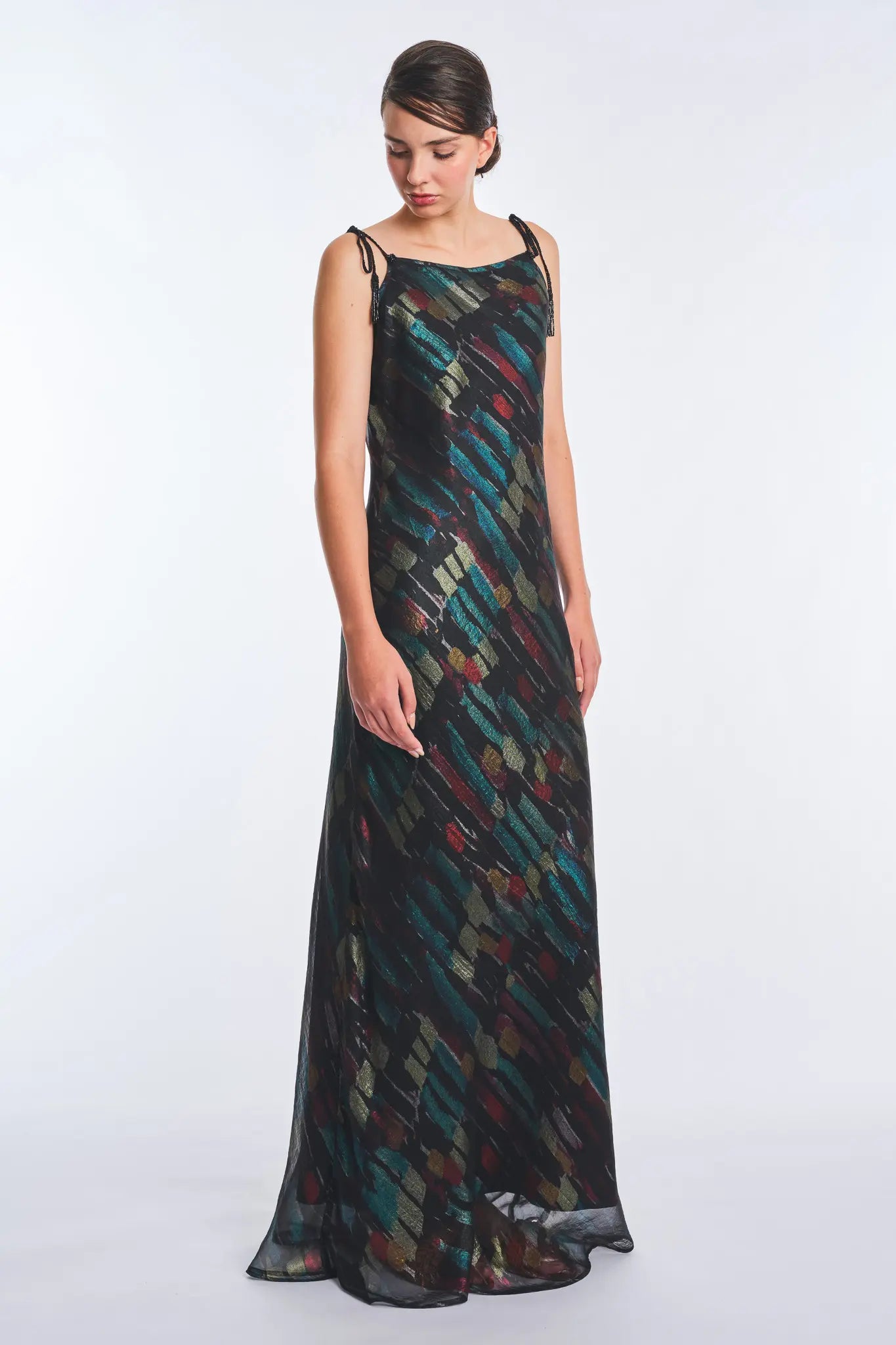 Luhana Maxi Dress with Crochet Tie Details | Print Black